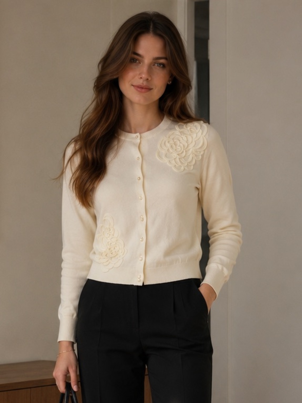 Charter Club Cream Floral Applique Pearl Button Cardigan Size M